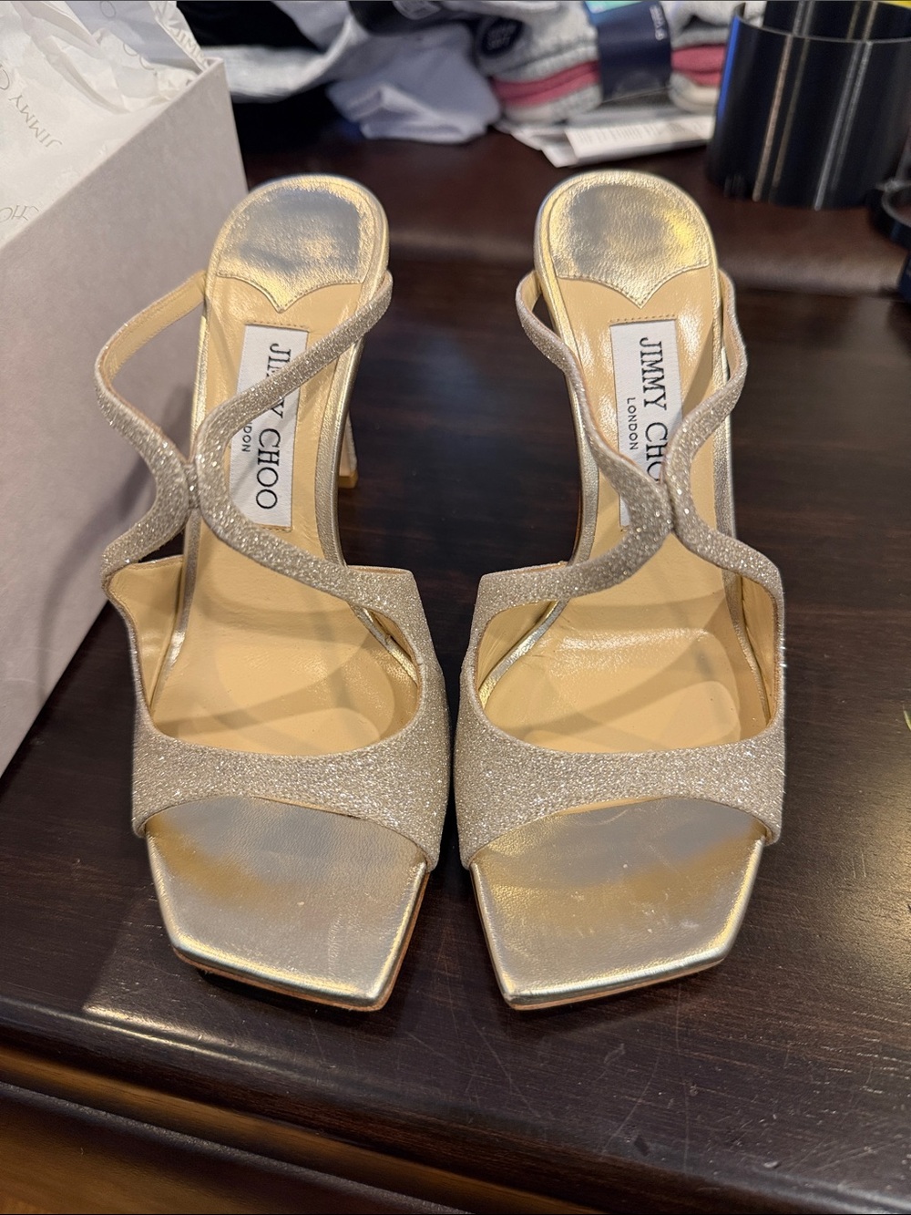 Jimmy Choo Metallic Gold Glitter Strappy Heels